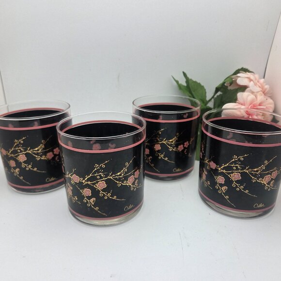 Vintage Cutler Glasses Japanese Pink Cherry Blossoms Mid-Century Modern Set of 4 - Picture 2 of 16